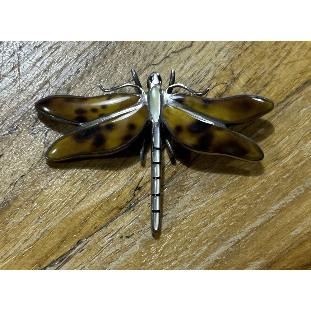 Vintage Sterling Silver Abalone Tortoise Shell Dragonfly Pin Brooch